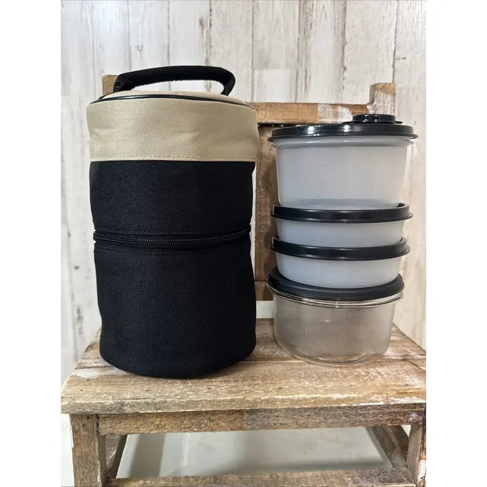 Vintage New Tupperware Black And Tan Insulated Zip Lunch Set With Bonus Items